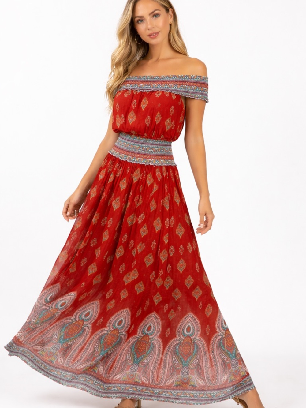 Boho Red Off-Shoulder Maxi Dress • Size Medium • Festival / Vacation